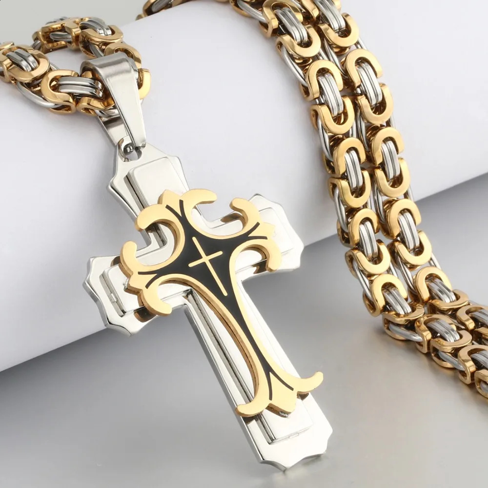 Vintage Stainless Steel Fleur-de-lis Cross Necklaces Pendants Long Byzantine Chain Necklaces Men Jewelry NC07 250805