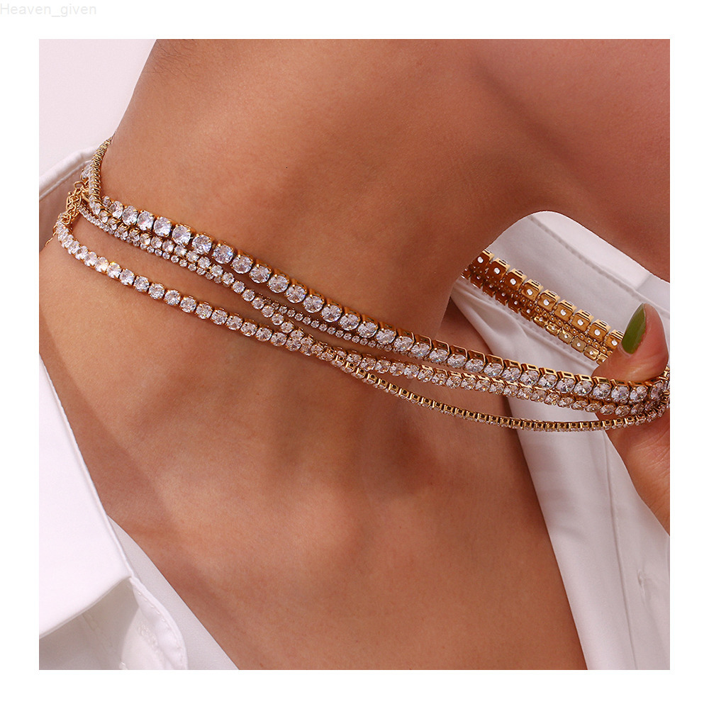 Fashion Jewelry Full Cubic Zirconia Necklaces 18K Gold Plated Stainless Steel Crystal Tennis Chain Clavicle Necklace YF3356
