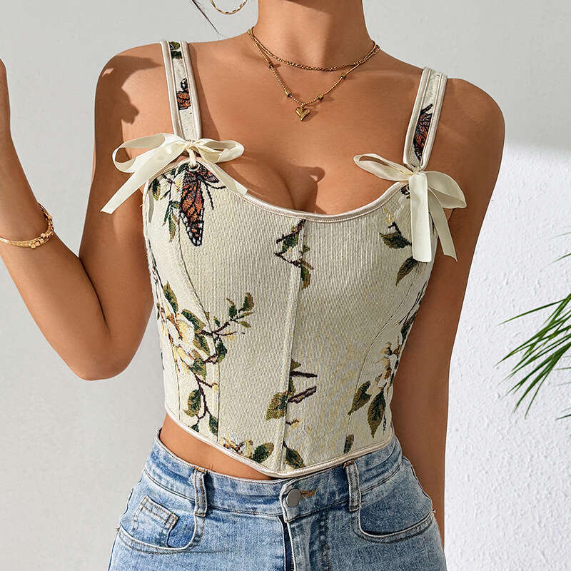 French Bow Tie Floral Sexy Shapewear Women's Camisole Printed Slim Vest Bra