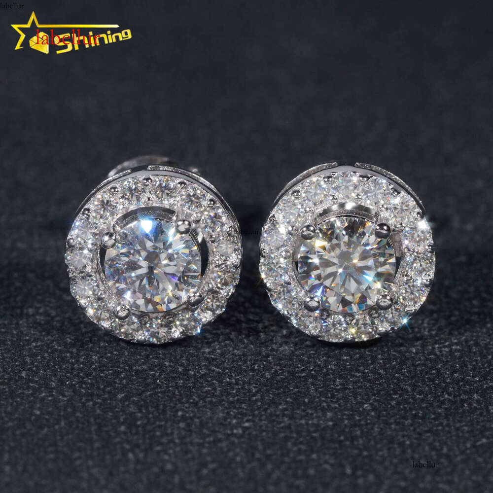 Hip Hop Jewelry Pass Tester Sterling Sier Round Halo VVS Dia Moissanite Stud Earrings
