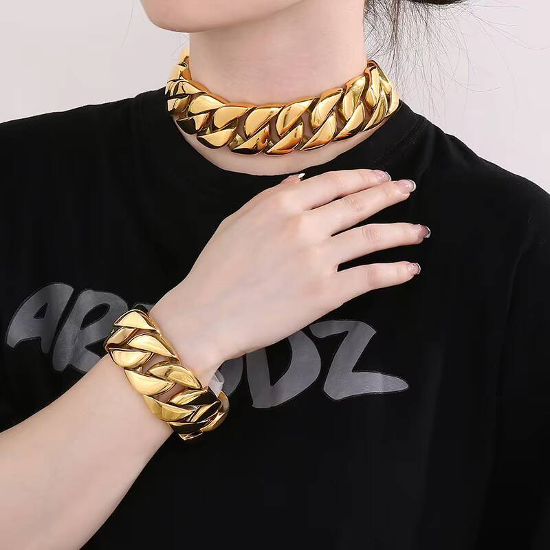 European American Hip-Hop Fashion Coarse Cuban Chain Necklace Men Women 316L Stainless Steel Cross-Border Bracelet