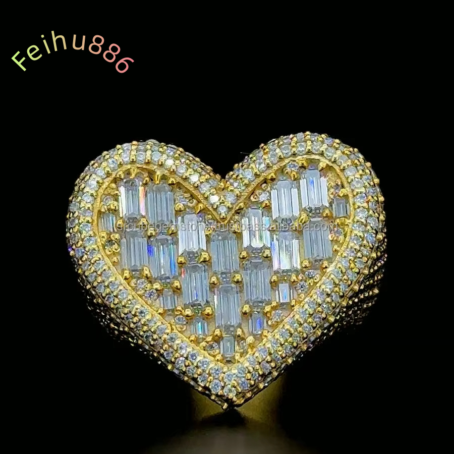 Women Love Heart Moissanite Baguette Gemstone Ring Anti-allergy 925 Silver Luxury Pearl 18K Gold Plated Hip Hop Style Jewelry