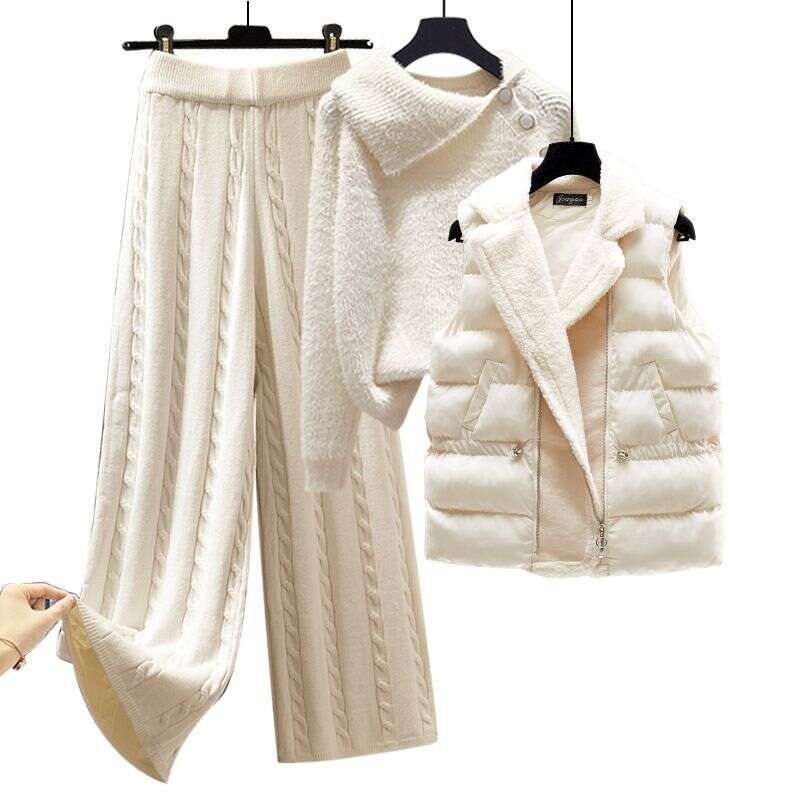 Women's Clothing Autumn And Winter Three Piece Suit Designer Sweater, Thickened Slim Vest Coat, High Waist, Cable Pattern, Wide Leg Casual Pants