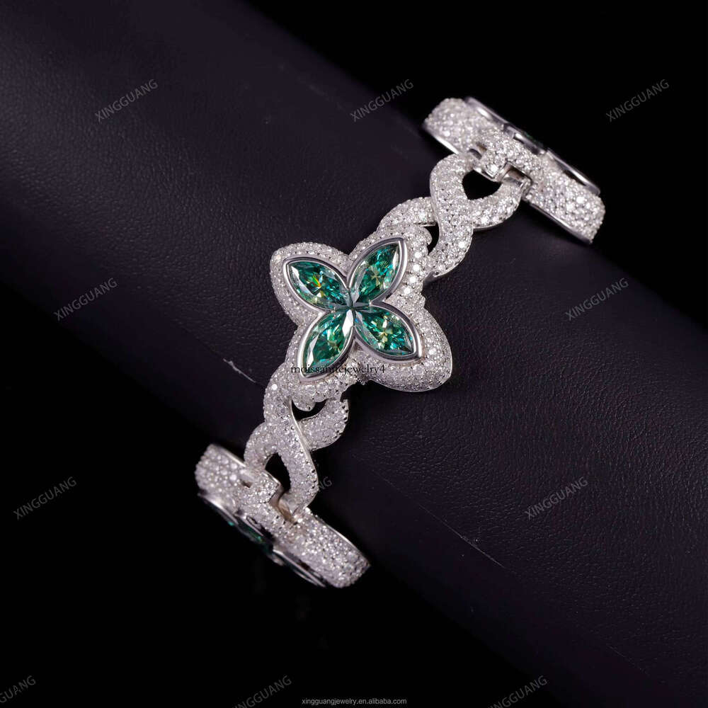Fine Jewelry New Arrival Design VVS White Green Moissanite Dia Sier Gold Plated Cuban Link Four Clover Bracelet