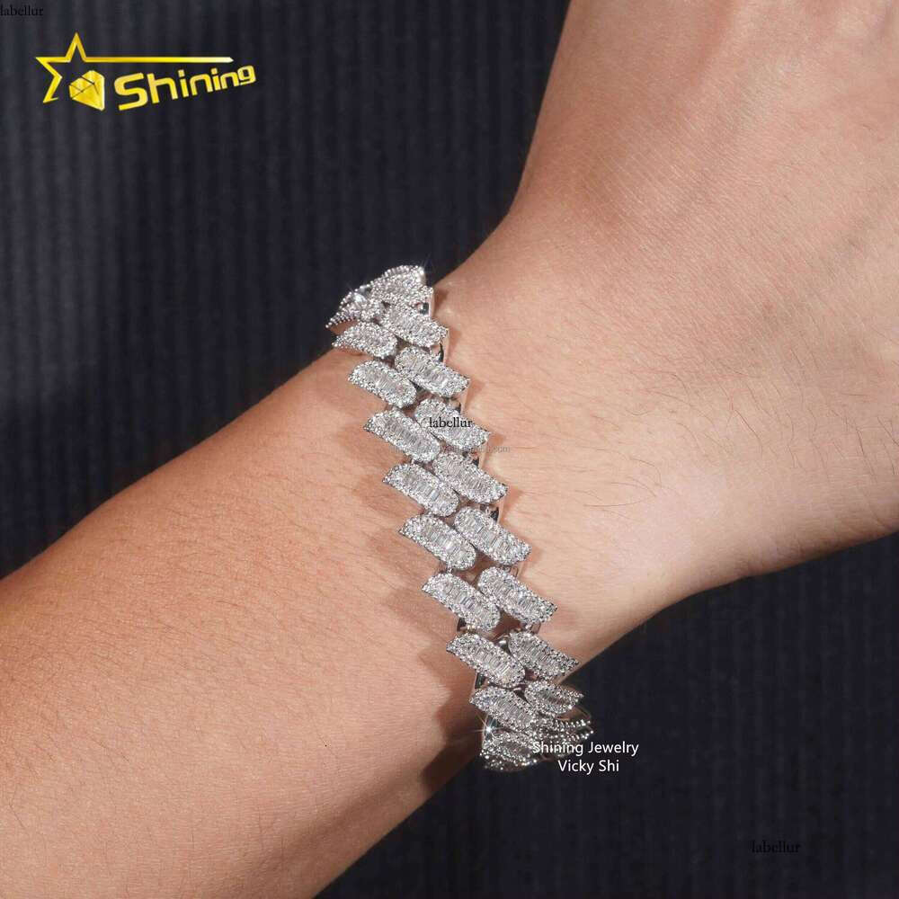 New Fashion Jewelry Rapper Hip Hop Sterling Sier Iced Out Fine Baguette Moissanite Cuban Bracelet
