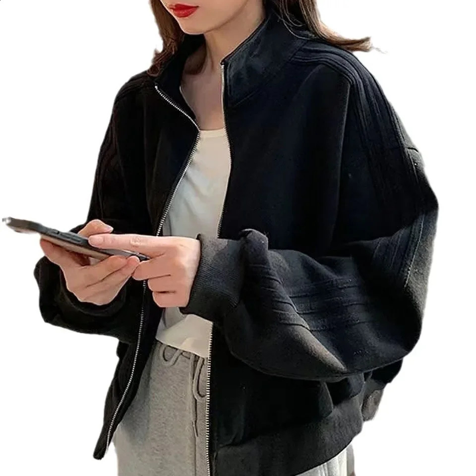 Short Sweatshirt Jacket Womens Autumn Winter Student Versatile Three Stripe Loose Fit Casual Style Of The S 250809
