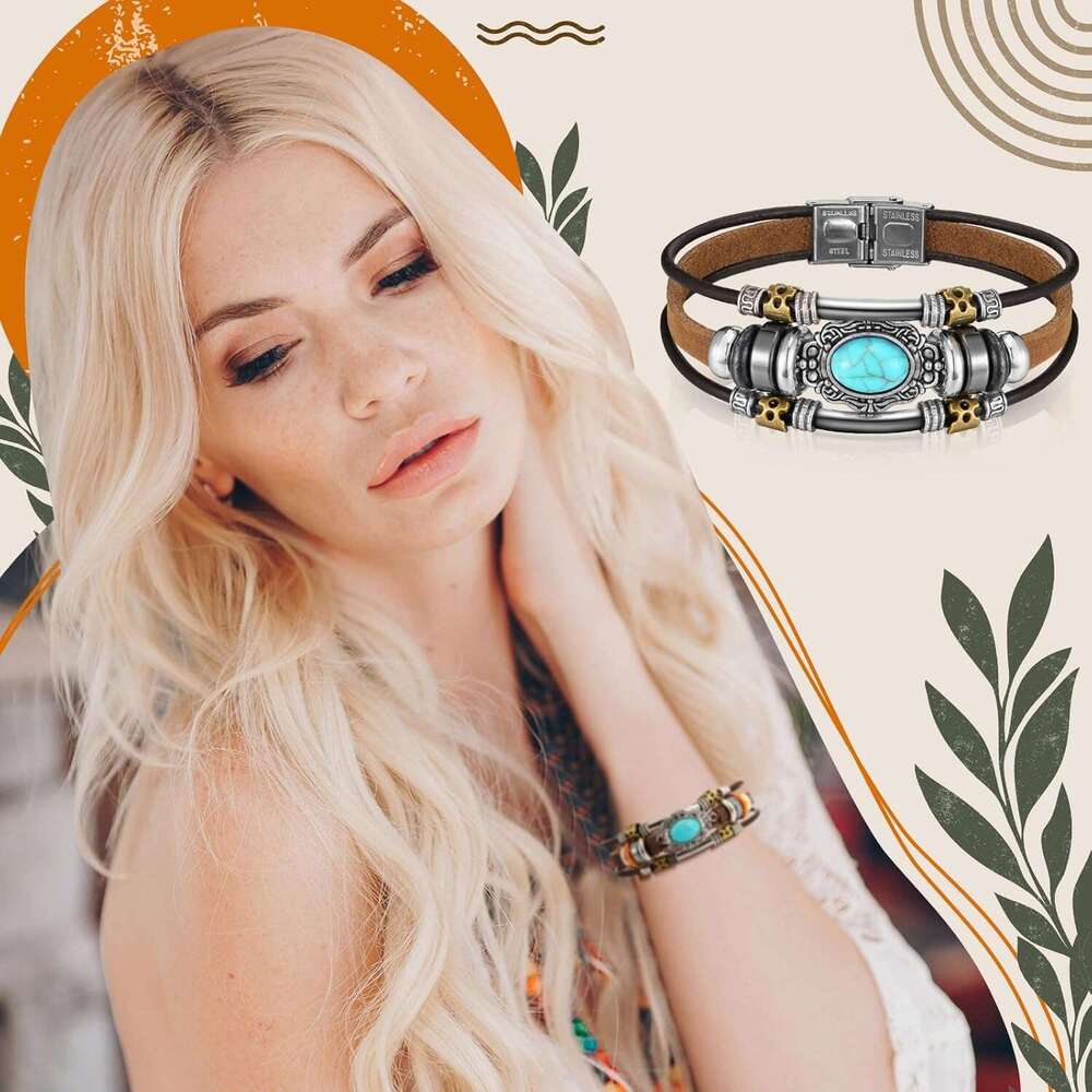 uoise Leather Bracelet Western Jewelry for Women Multilayer Boho Cuff Bangle Set