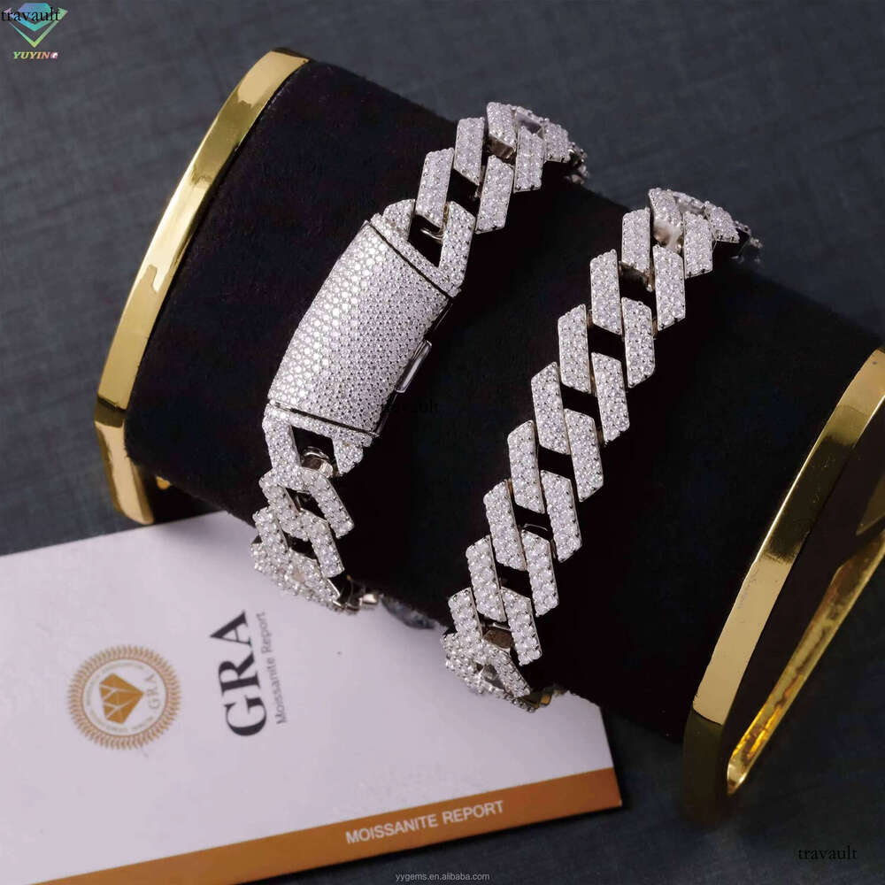 14mm Iced Out Sier 2 Rows White Gold Plated VVS Moissanite Cuban Link Chain Bracelet