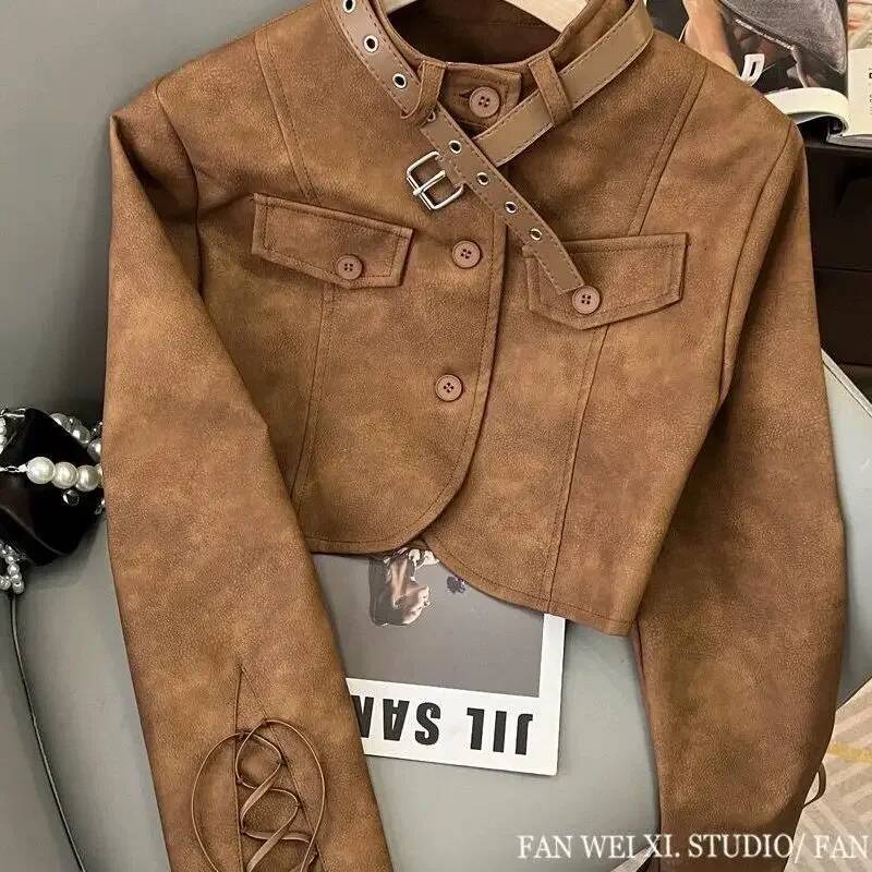 Gkyocq Korean Chic Women Coats Retro Brown Stand Collar Long Sleeve Lace Up Slim Short Jacket Pu Leather Female Tops Clothes
