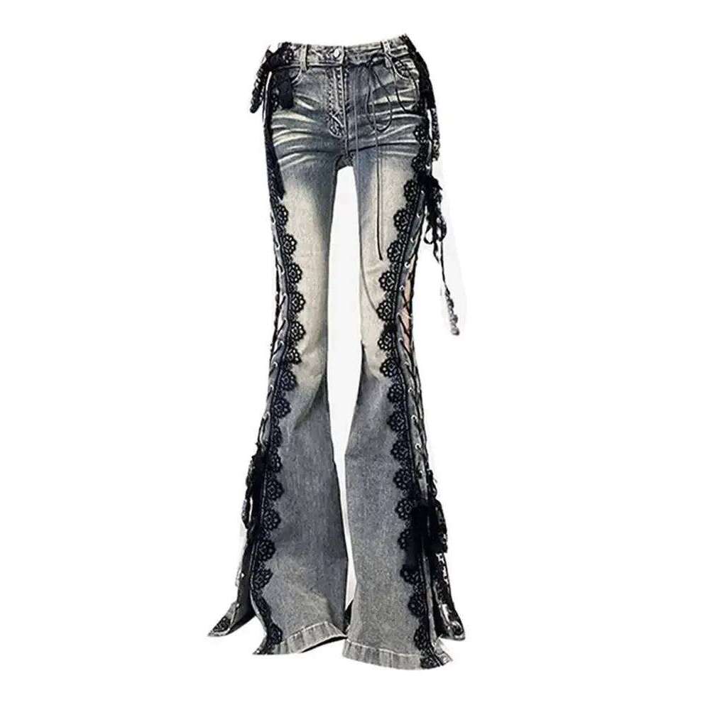 American Vintage Y2k Lace Strap Split Denim Women's Straight Loose Wide Leg Pants 2025 Summer Streetwear Bell Bottom Jeans