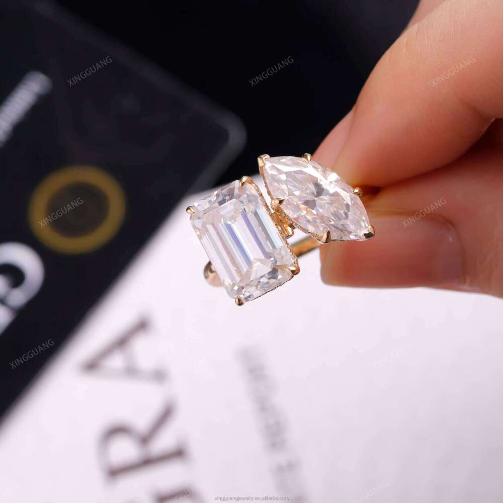 XingGuang 2CTW Marquise Emerald Cut Moissanite Rings Women Solid Sier14K Gold D/VVS1 Ring for Engagement Wedding