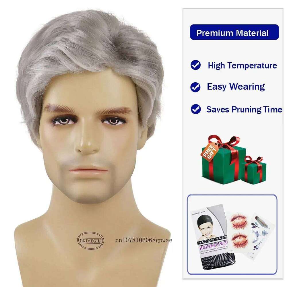 Old Man Synthetic Grey White Wigs for Men Grandpa Daily Party Cosplay Natural Straight Hair Replacement Wig Heat Resistant