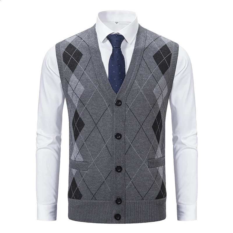Spring Autumn Male Vest Sleeveless Sweater Fleece Warm Knitted Jackets Checkered Business Casual Button Up Coat Mens Clothing 250809