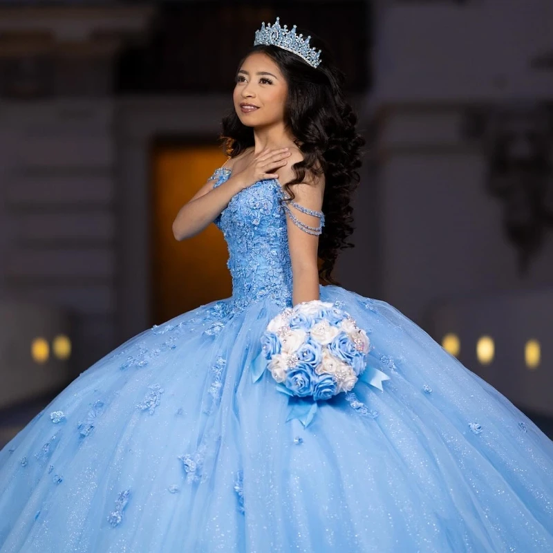 Sky Blue Quinceanera Dresses Ball Gown Off The Shoulder Applique Lace Tull Party Birthday Sweet 16 Dress Vestido De 15 Anos