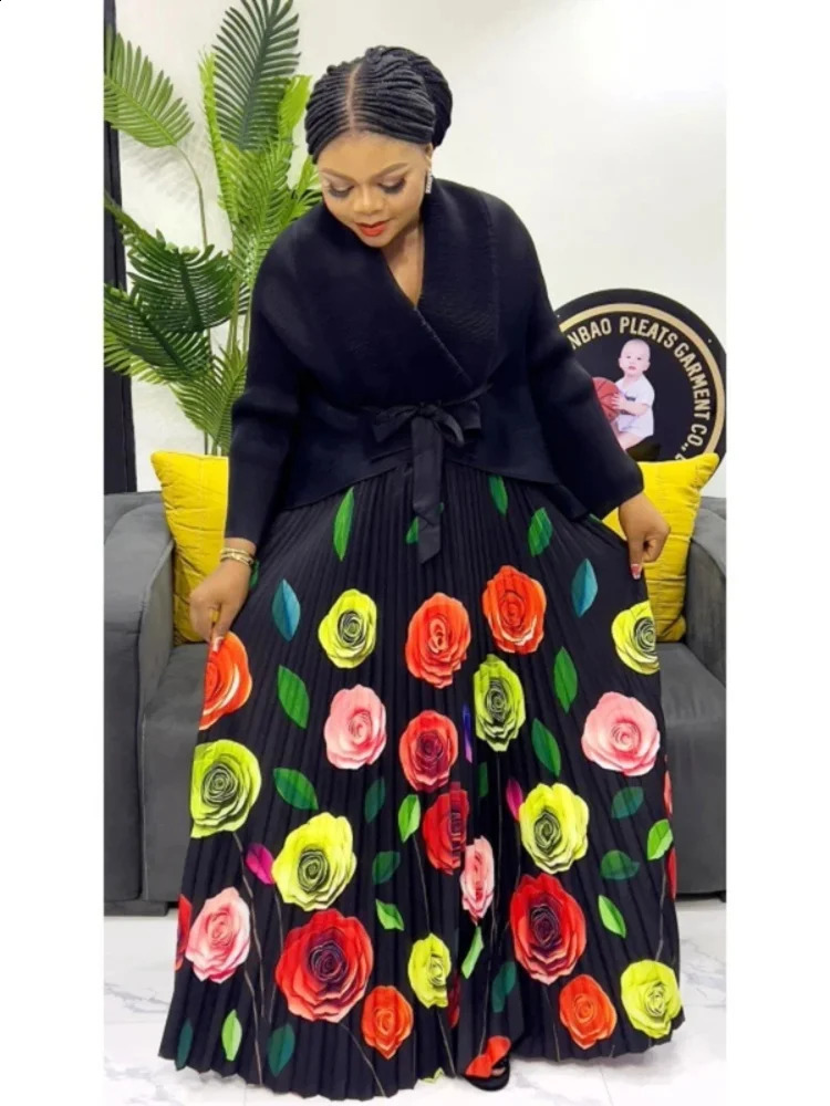 Elegant Party 2 Piece Set Women Belt Batwing Sleeves Tops A-line Print Folds Long Skirt Fashion Autumn Sets 2AN1390 250808