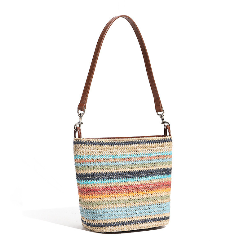 Summer New Fashion Color-Block For Women, Niche Design, Straw Woven With Genuine Leather, Large Capacity Commuter Tote Bag