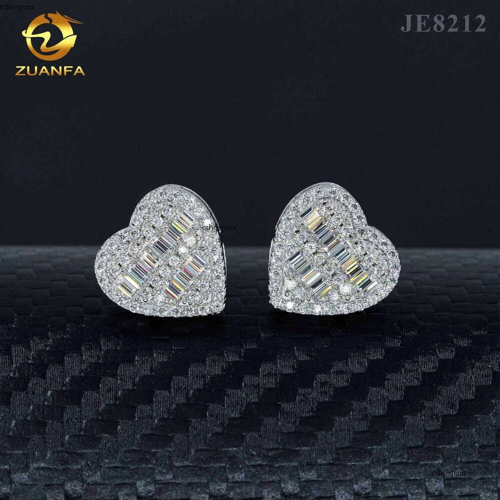 Fine jewelry sterling sier heart design studs screw back women men vvs baguette dia moissanite earring stud
