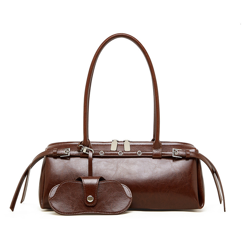 Genuine Leather Niche Biker Style Trendy Cool Belt Decor Handbag New Single Shoulder Underarm Dachshund Baguette Women's Bag