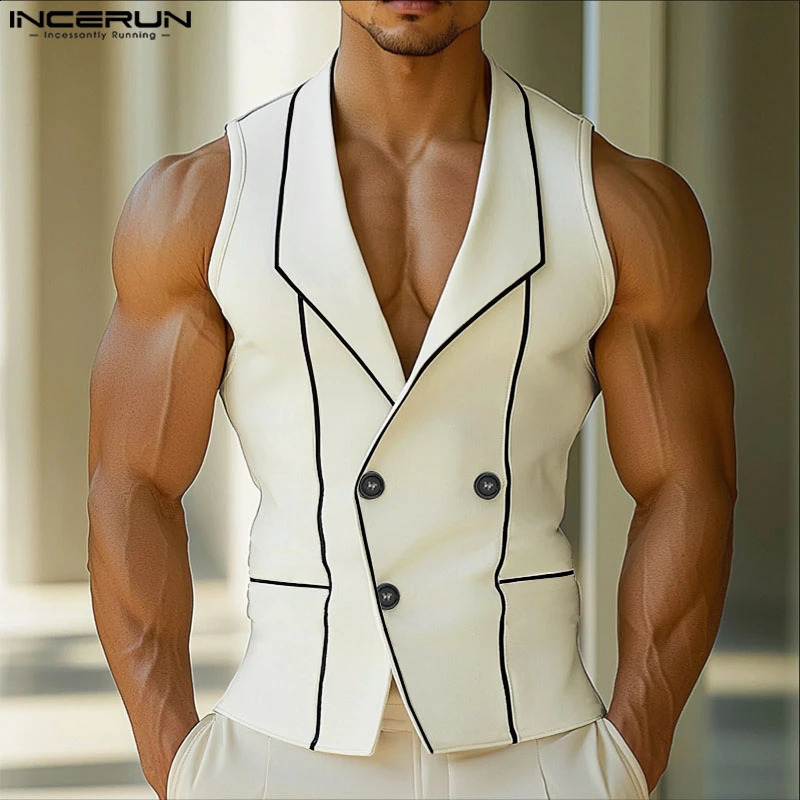 INCERUN Men Vests Printing Colorblock Lapel Sleeveless Button Casual Male Waistcoats Streetwear Fashion Leisure 250809