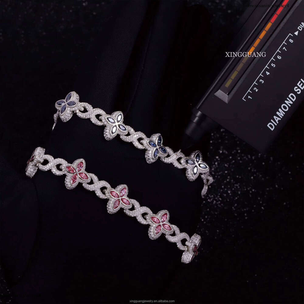 Charm Colorful Marquise Eye Moissanite Four Leaf Clover Sier Cuban Chain Mens Women Jewelry Bracelet Bangles