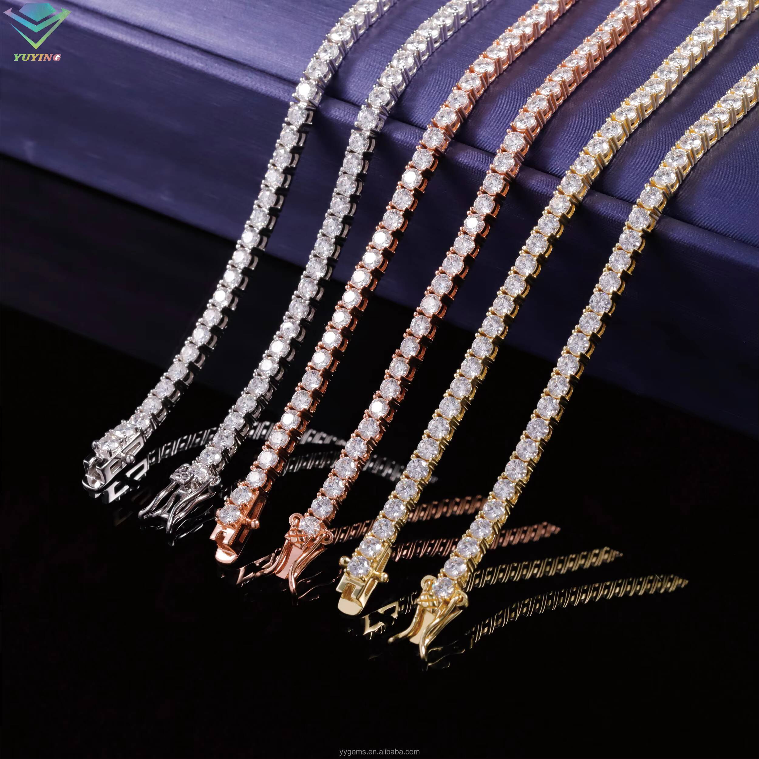 Yu Ying Wholesale Price 3mm 4mm 5mm Pass Diamond Tester Moissanite Diamond S925 Silver Gold Plated Tennis Chain Necklace
