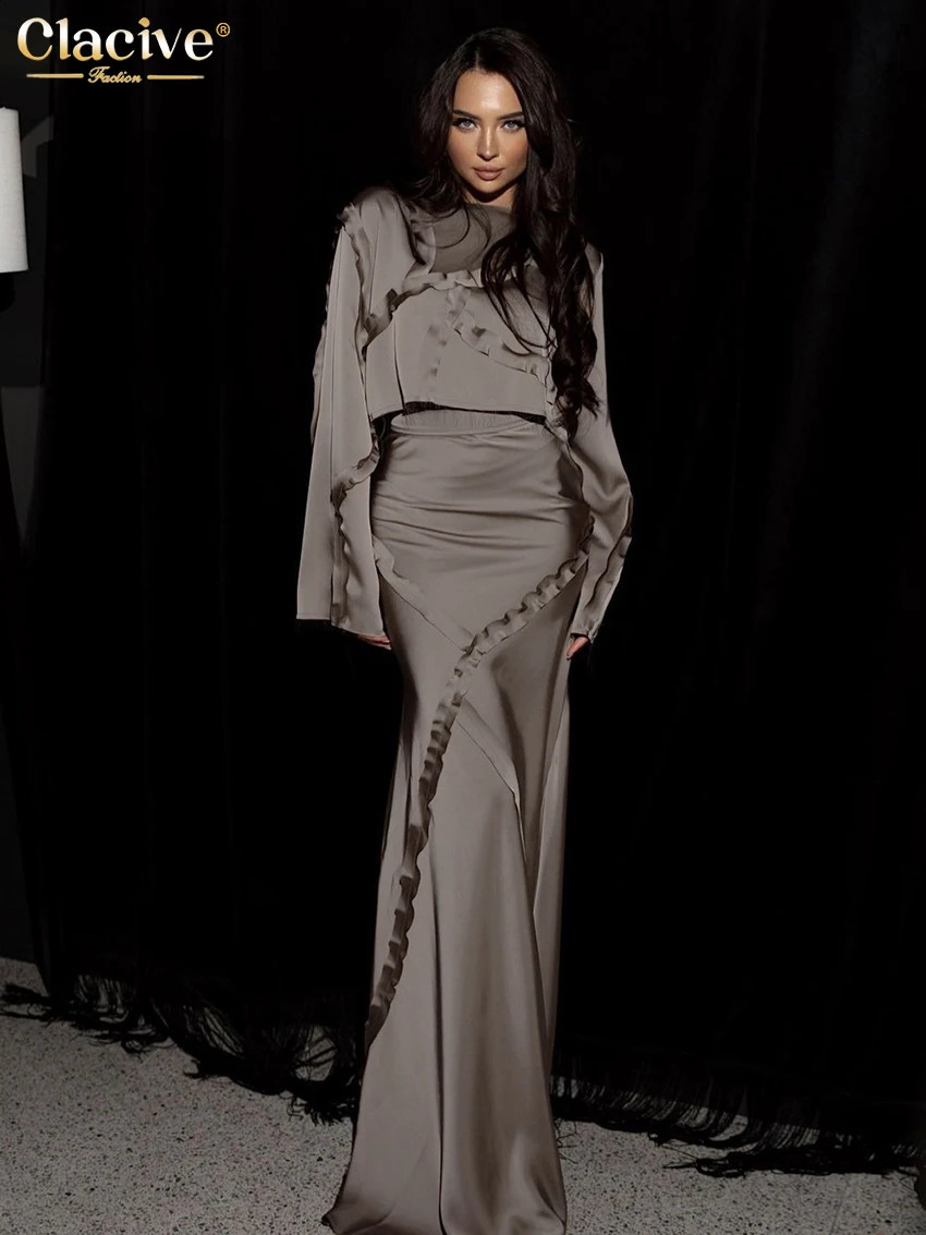 Clacive Fashion Loose Brown Satin Womens Two Pieces Set 2025 Elegant Long Sleeve Crop Top With High Waist Long Skirt Set Female 250808