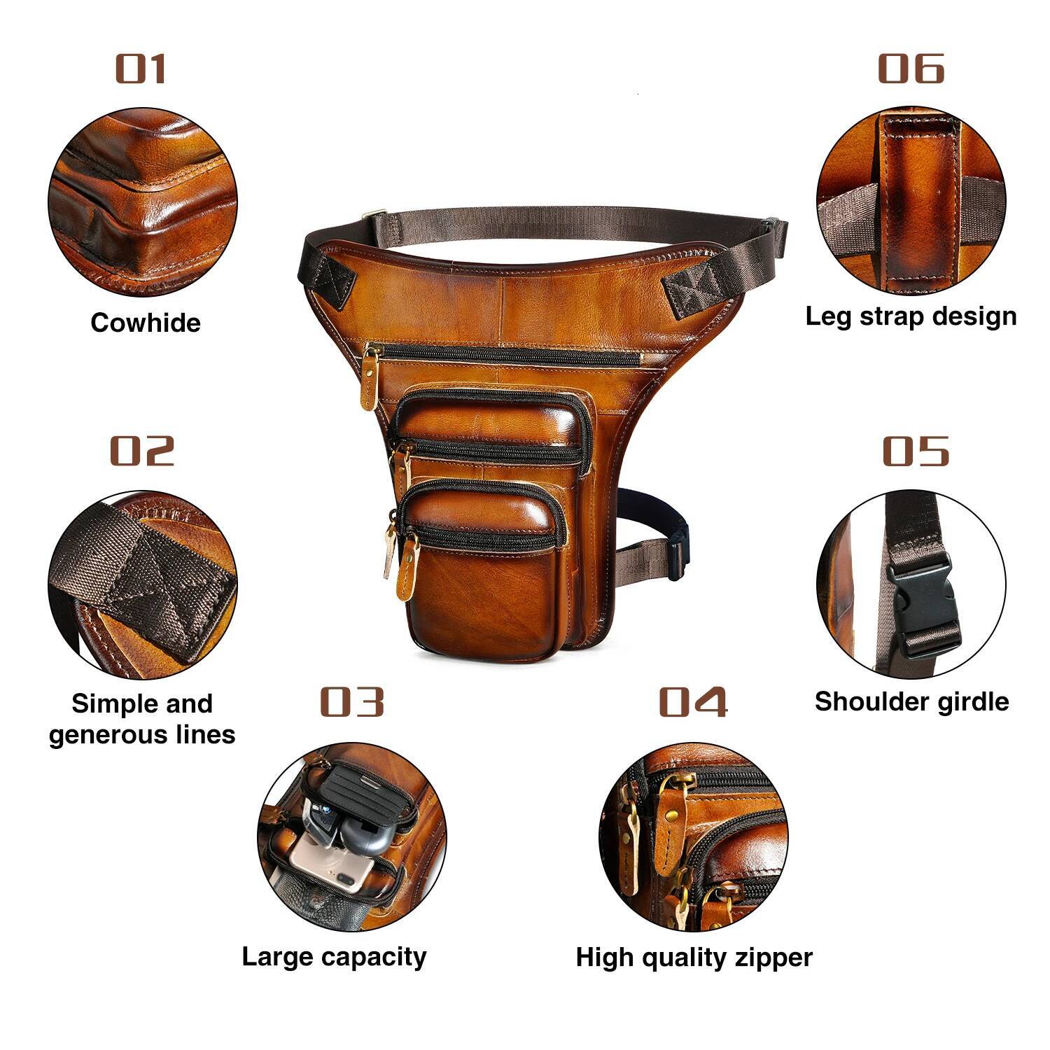 Top Quality Leather Men Design Casual Tablet Satchel Sling Multi-function Fashion Travel Waist Belt Pack Leg Bag Male 3111lb