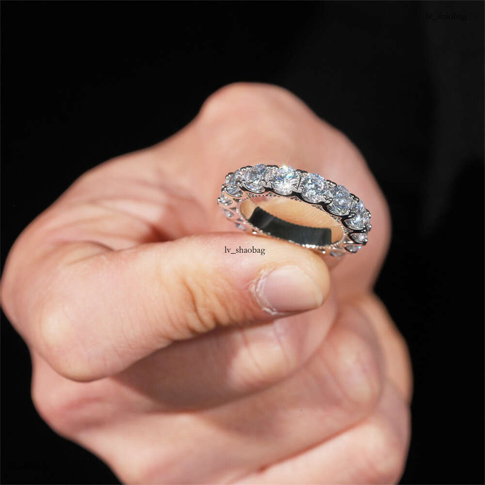 Hip Hop Row Single Stone Sterling Silver Inlaid 5A 5.0MM Zircon Unisex Band Ring Jewelry