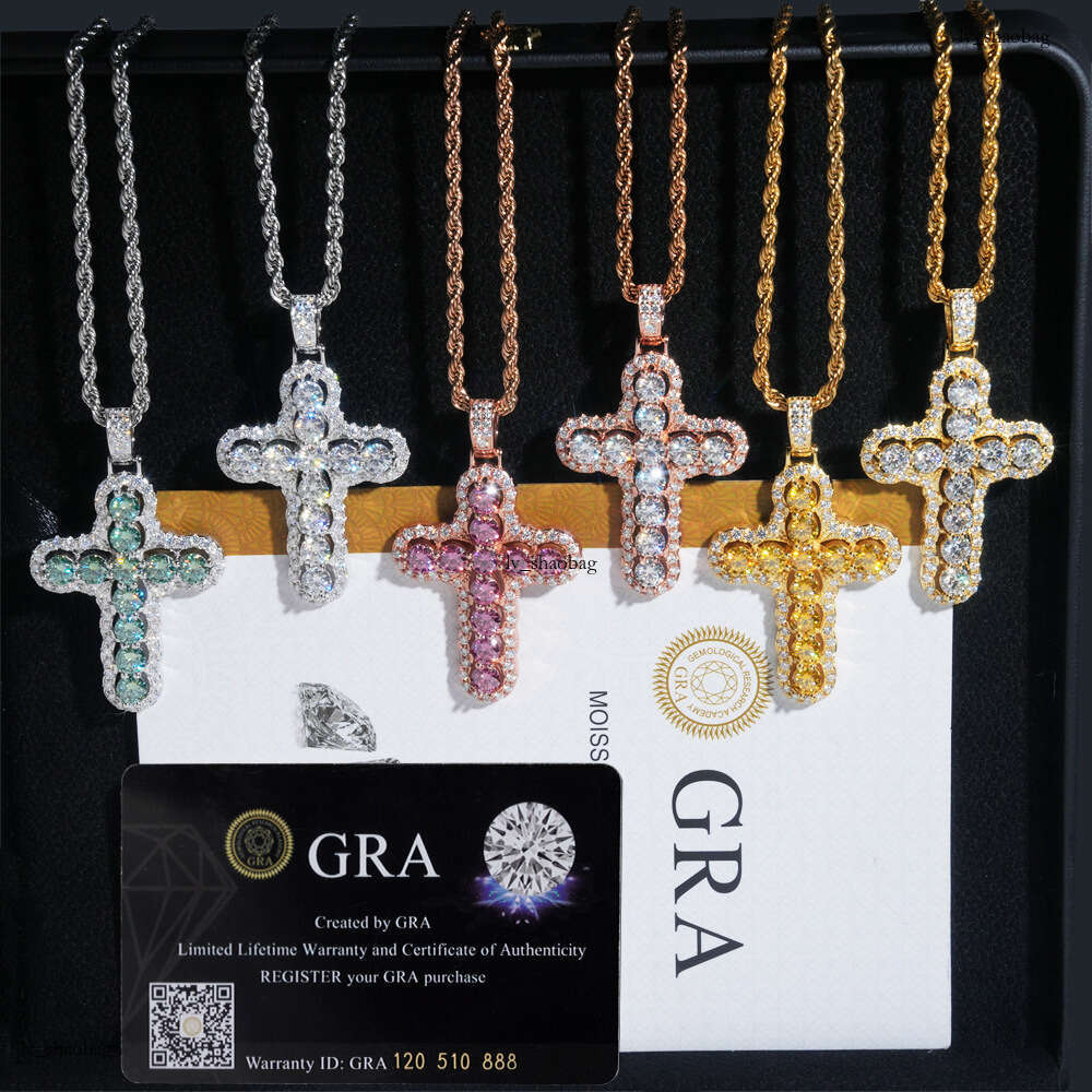 Iced Out VVS Inlaid Colorful Moissanite Hip Hop Necklace Cross Pendant Jewelry