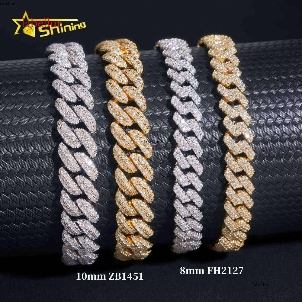 Hip-Hop Men's Pure Sier 8mm 10mm 2 Rows Iced Silicone Cuban Bracelet