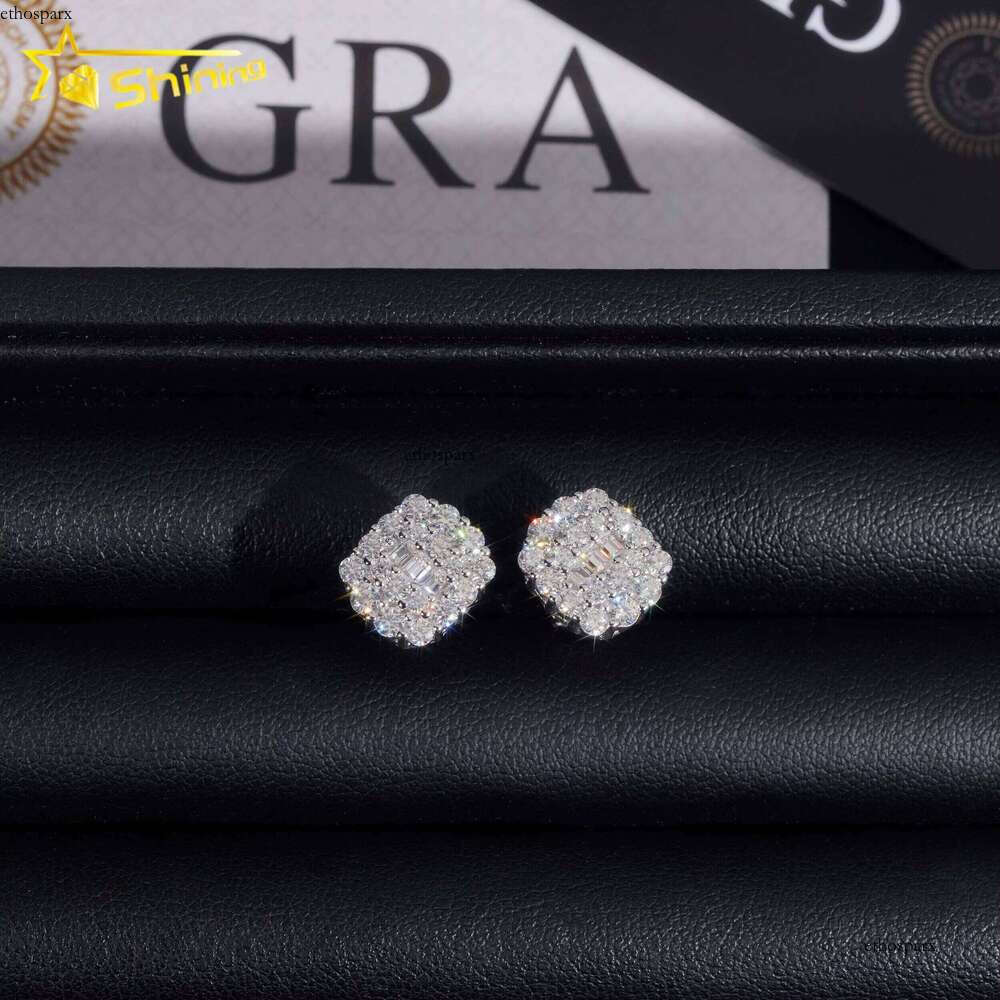 Promotion Price Pass Dia Tester GRA Certified Fully Iced Out Hip Hop Sier Jewelry Baguette Moissanite Stud Earrings