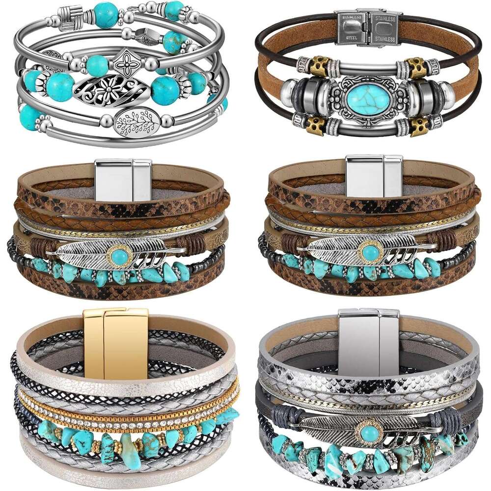 uoise Leather Bracelet Western Jewelry for Women Multilayer Boho Cuff Bangle Set