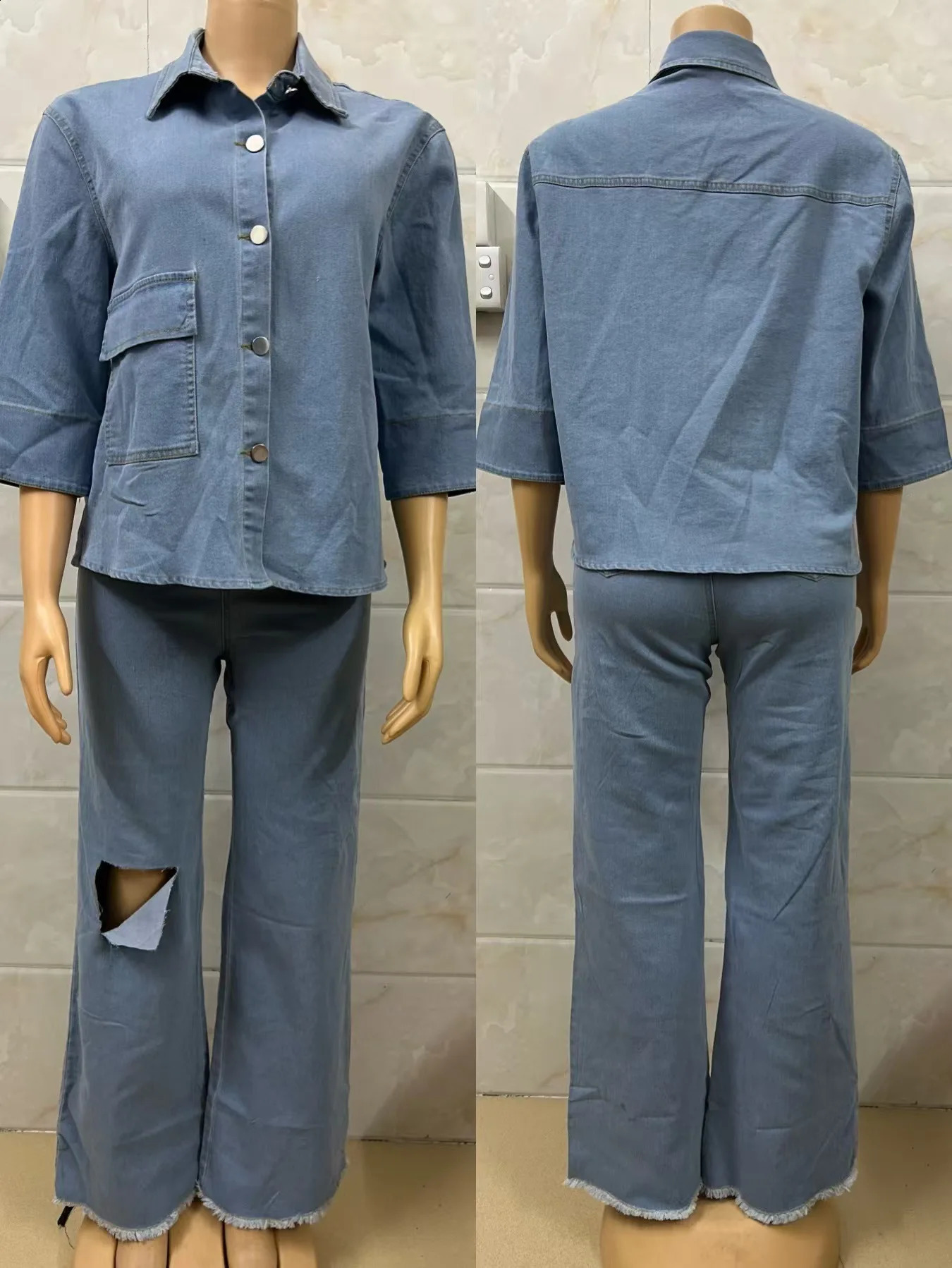 Denim Pant Set Women Two Piece Sets Turn Down Collar Matching Sets Single Breasted Shirt Tops Wide Leg Long Pants High Waist 250808
