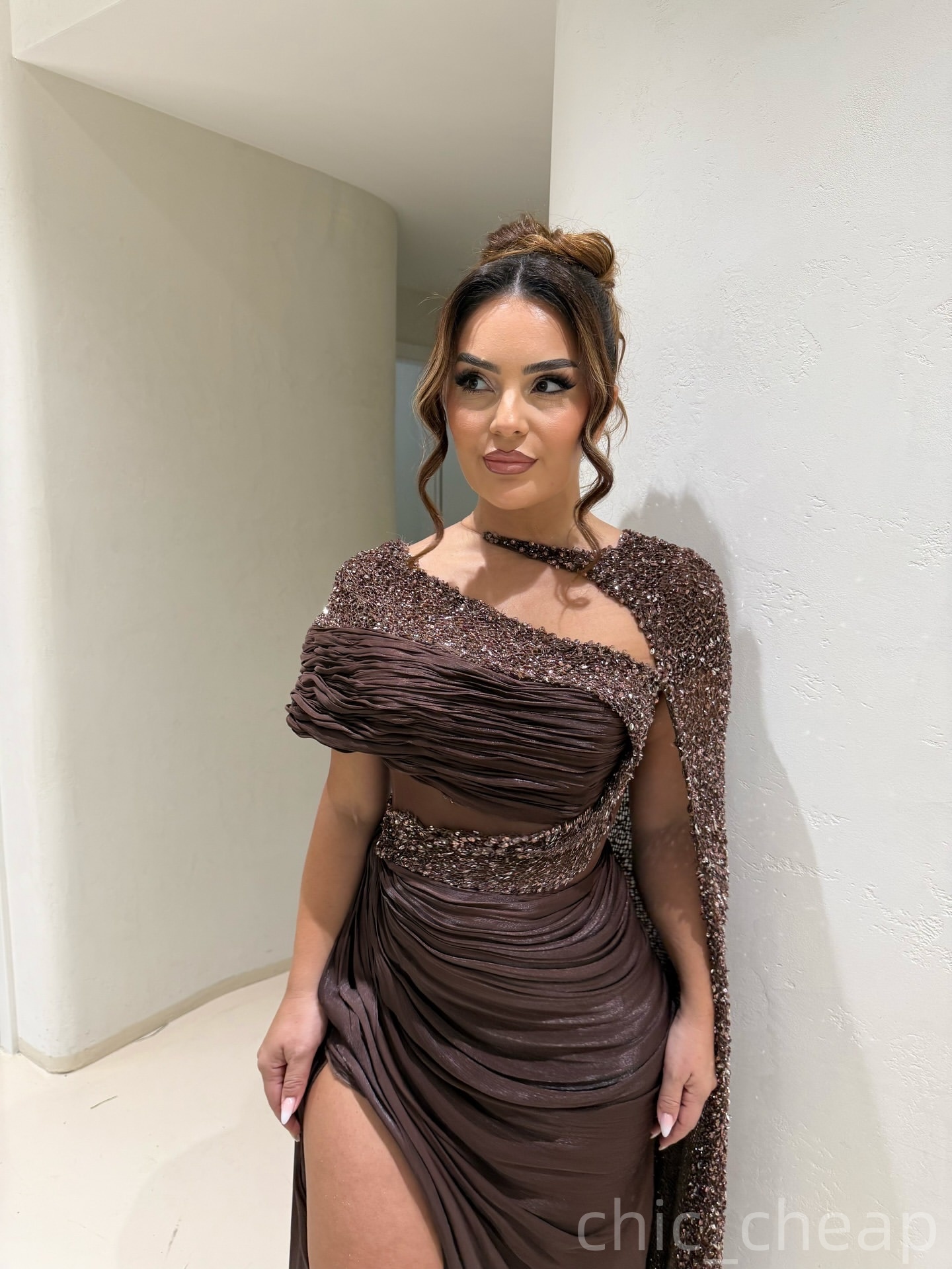 Mermaid Chocolate Prom Dresses 2025 Sequined Chiffon High Split Evening Formal Party Second Birthday Engagement Gowns Plus Size Dress For Special Occa