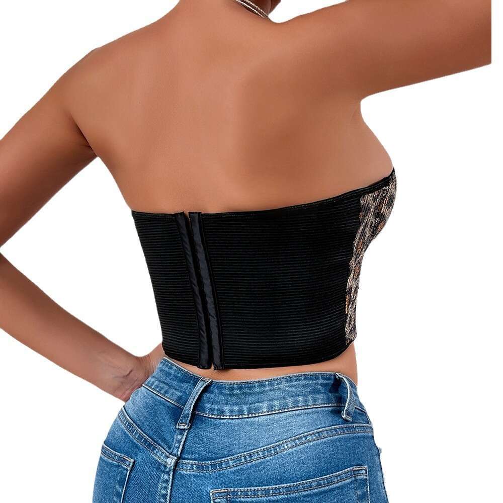 Hot Street Style Leopard Print Sequin Short Vest Outerwear Wild Elastic Tube Top Slimming