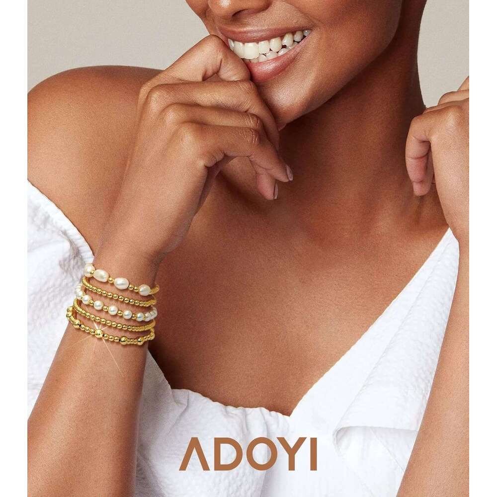 Bracelets Women Beaded 14K Gold Plated Stack Strand Stretch Bead Ball Stackable Adjustable Bracelet Set Jewelry for Gifts