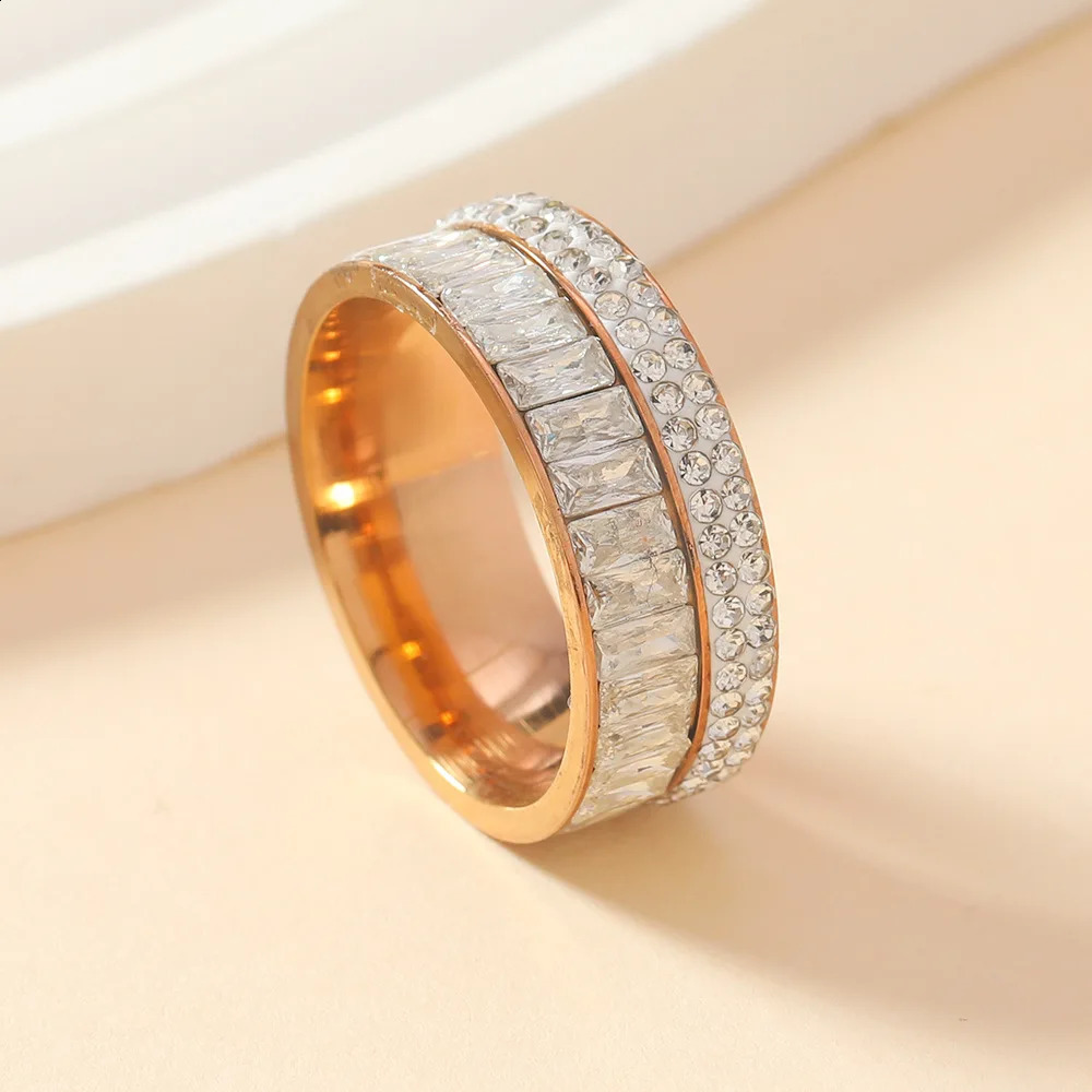 8MM Zircon Stainless Steel Finger Ring For Women 2025 High Quality Anti-Fade Female Wedding Party Fashion Jewelry 250805