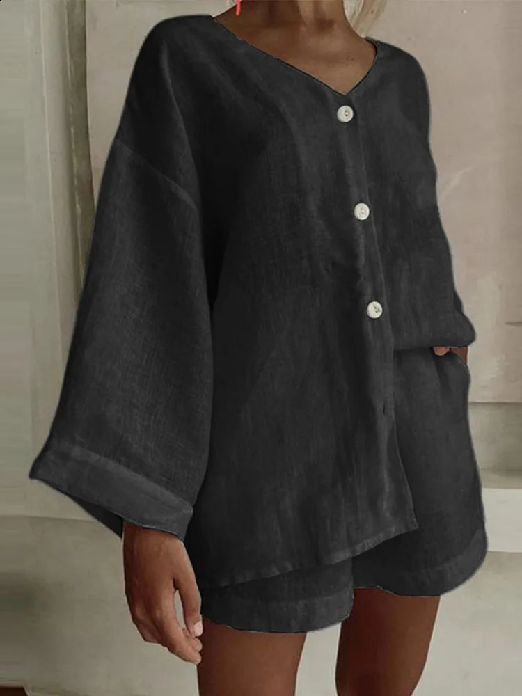 Women Loose Shorts Suit VNeck Long Sleeve Button Solid Casual Lady Sets Summer Fashion 2 Pieces Set Vacation 250809