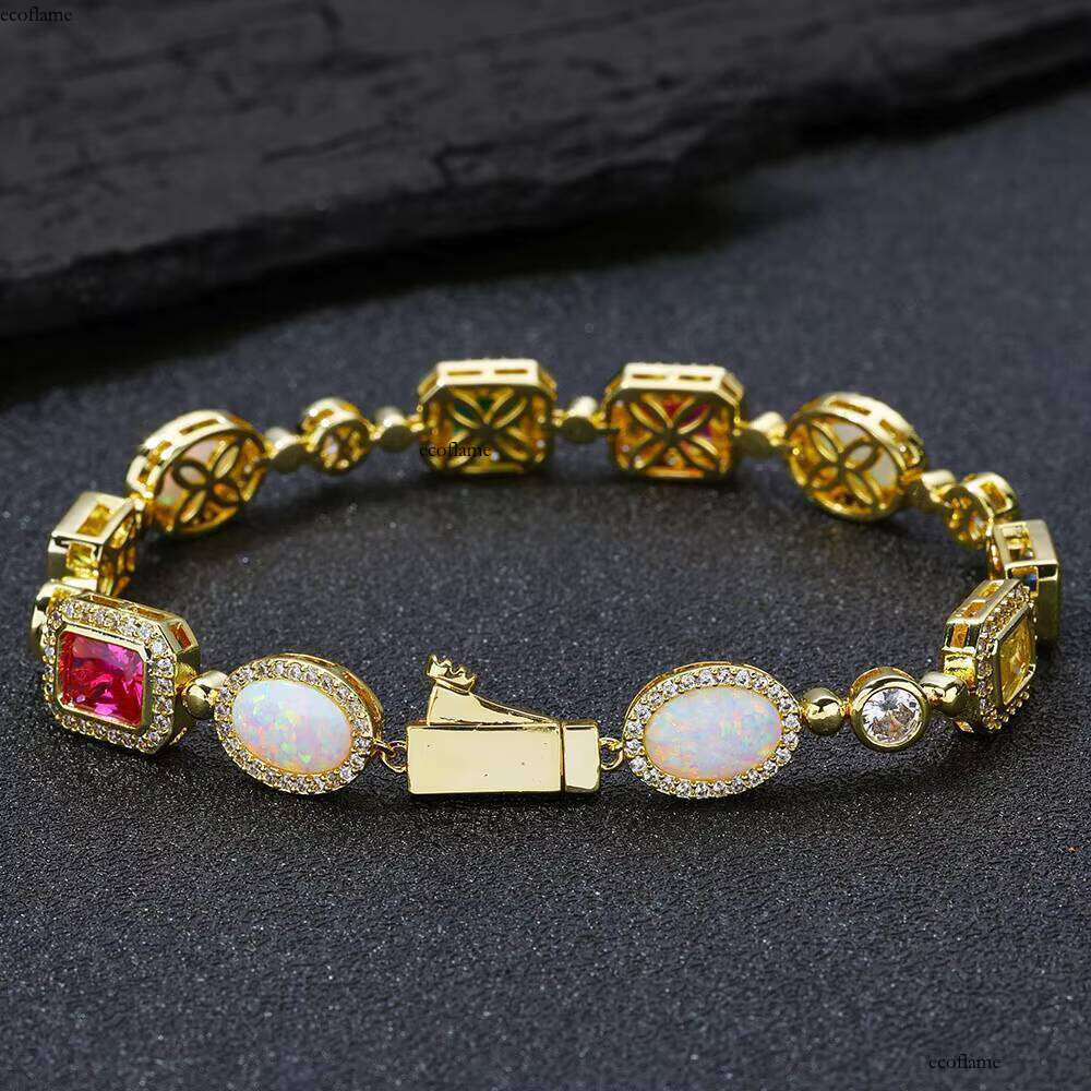 NUOYA Sparkly Geometric Gemstone Women's Jewelry White Gold Plated Brass With Opal Colorful Zircon Link Chain Bracelet