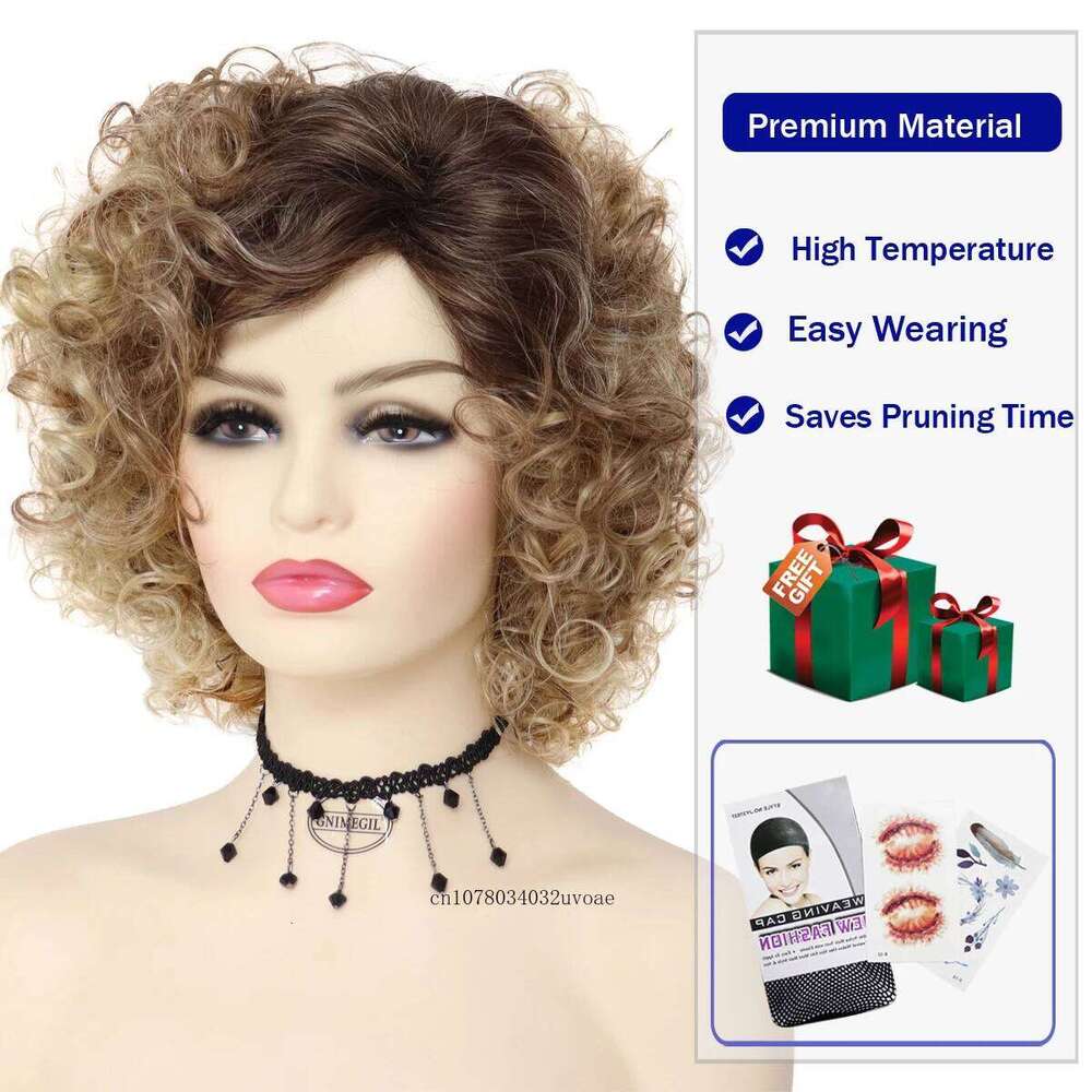 Synthetic Curly Short for Women Blonde with Bangs Sandy Grease Ombre Wigs Halloween Costume Wig Cosplay