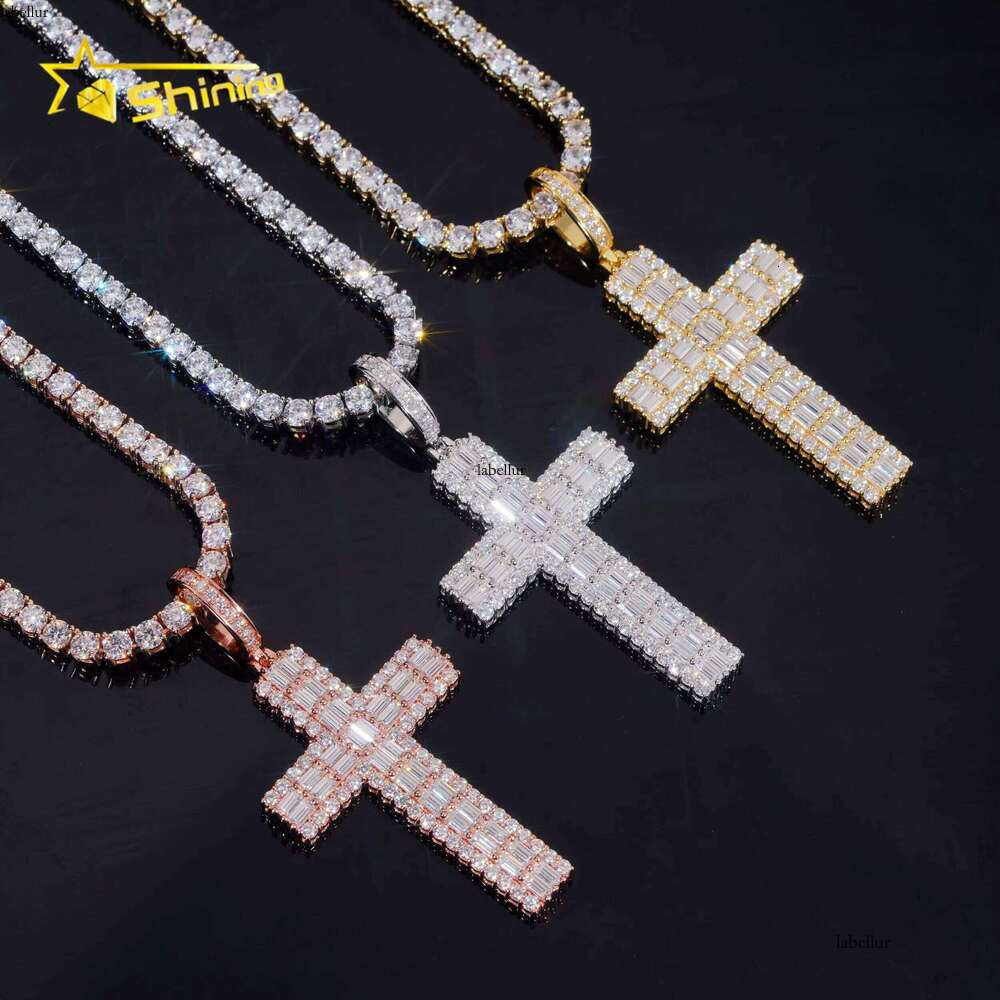 Shiny Baguette Sier Cross Men's Hip-Hop Iced Out Moissanite Pendant