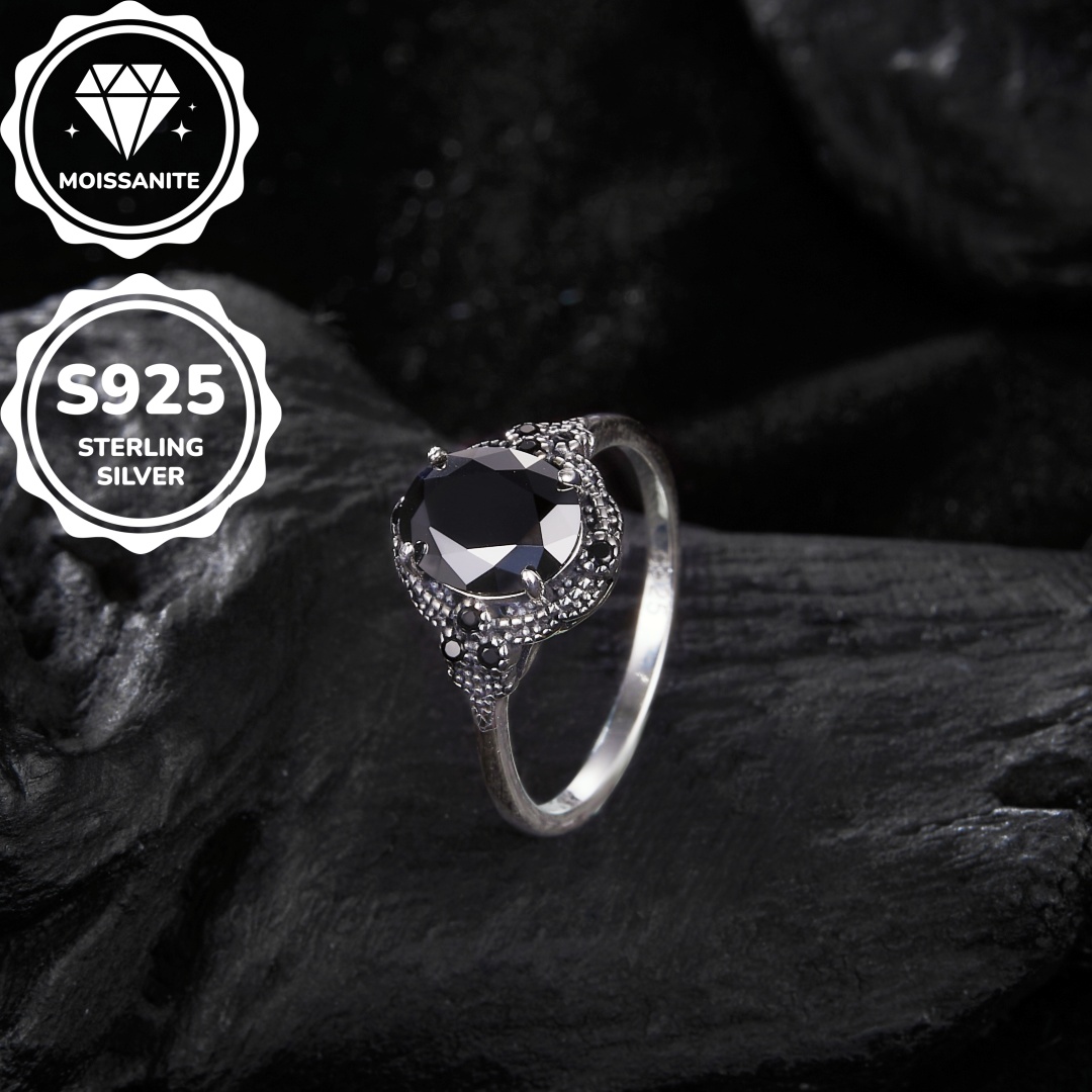 MT Vintage 2ct Oval Black Moissanite Ring for Women and Men -October Birthstone-925 Sterling Silver Art Deco Bridal Wedding Promise Ring for Her Hallo