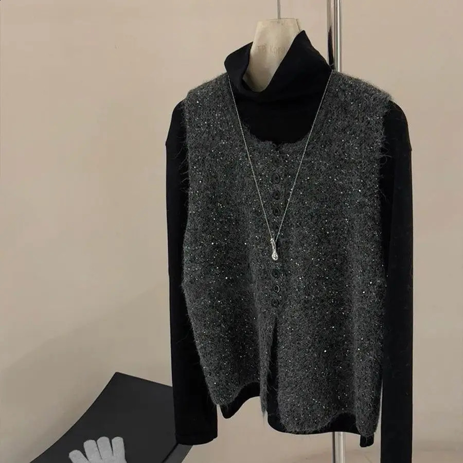 Sequin Slit Round Neck Knitted Vest for Women Spring and Autumn Loose Horse Clip Sweater 250809
