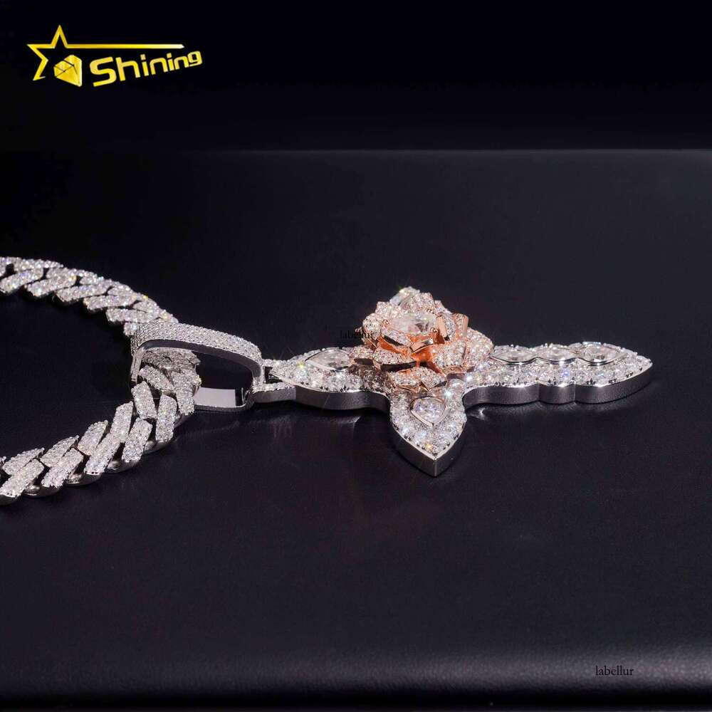 Solid Heavy Duty Two-Tone VVS Hip-Hop Sier Iced Out 3D Moissanite Cross Pendant
