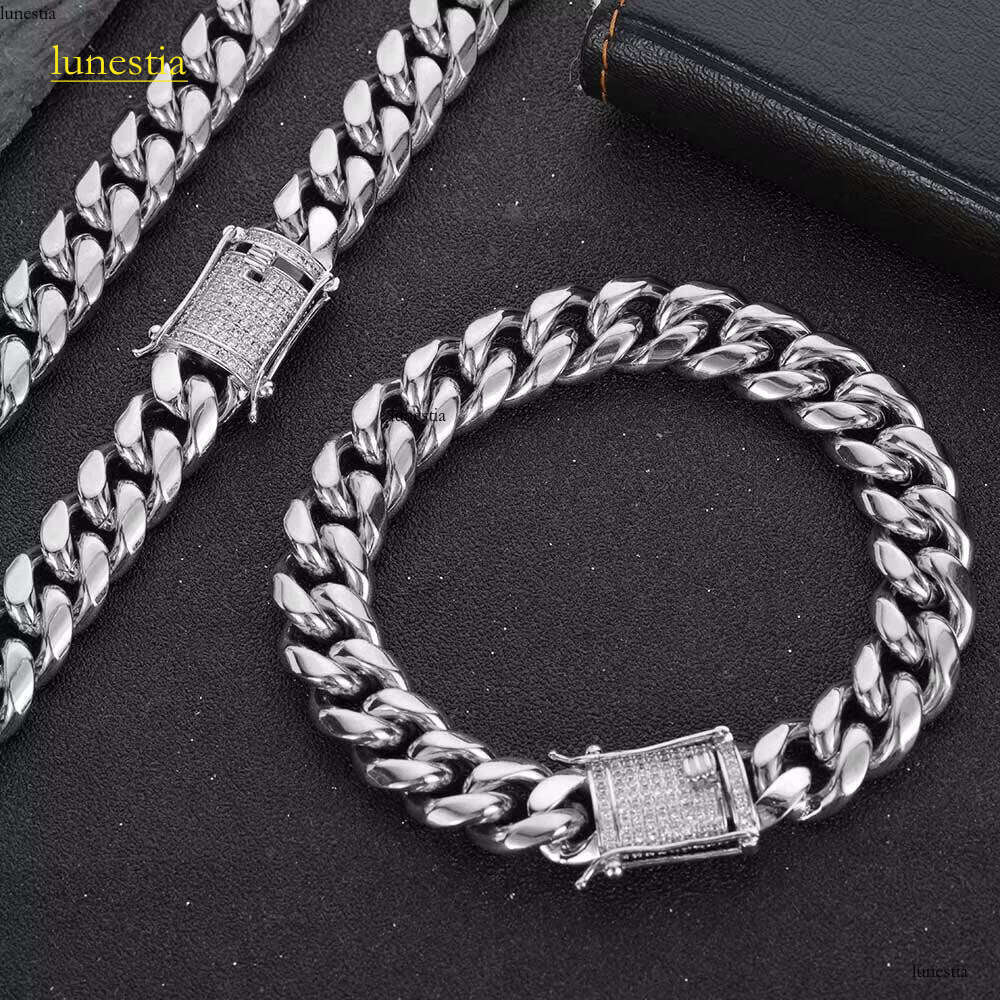 12mm Men's Stainless Steel Link Chain Fine Jewelry Hip Hop with Clasp Buckle Iced CZ Miami Cuban Bracelet