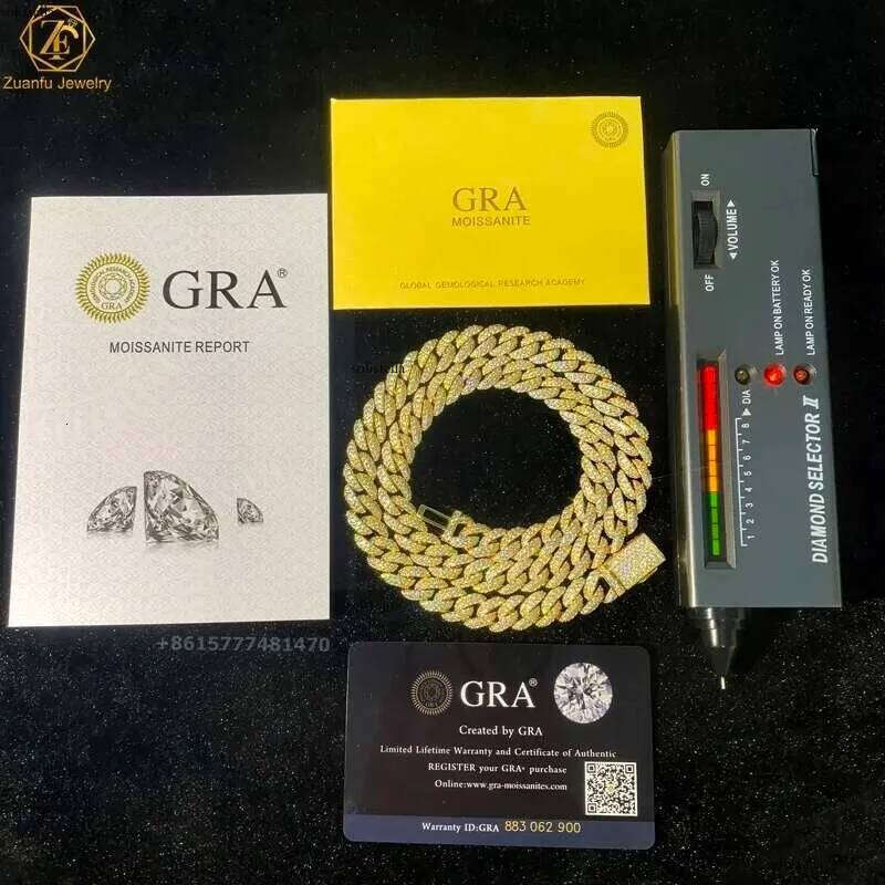 Fine Jewelry Hip Hop Iced Out 14k Gold Plated Miami Link 12mm 2 Rows Thick Solid Sier Vvs Moissanite Cuban Chain