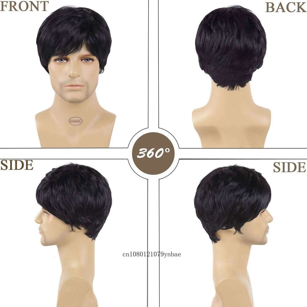 Synthetic Hair Wigs for Men Male Guys Short Natural Black Wig with Bangs High Temperature Fiber Daily Party Costume Casual Use