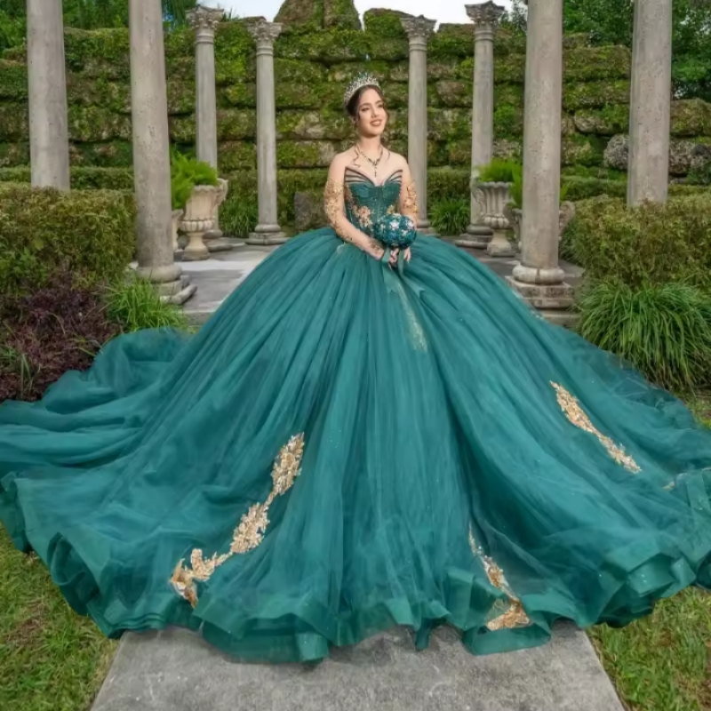 Green Quinceanera Dresses Ball Gown Off The Shoulder Gold Applique Beads Tull Corset Party Birthday Sweet 16 Vestidos 15 Anos