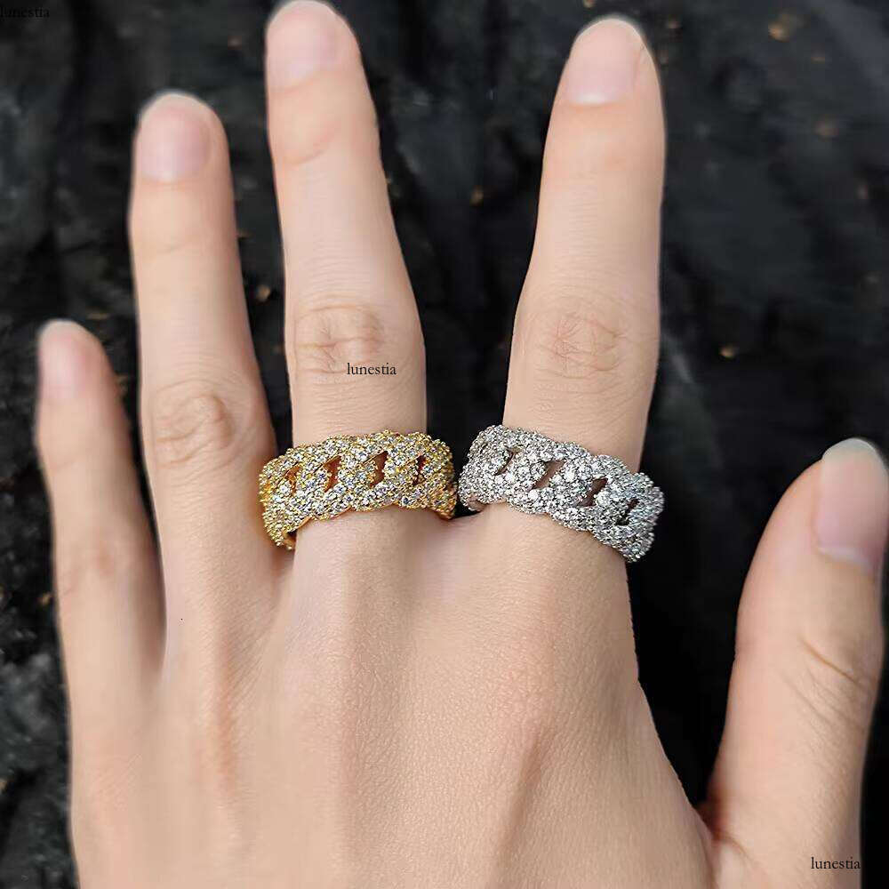 Nuoya Jewelry Hip Hop Lab Dia Finger Full Pave CZ Stone Iced Out Cuban Ring Gift for Men Women