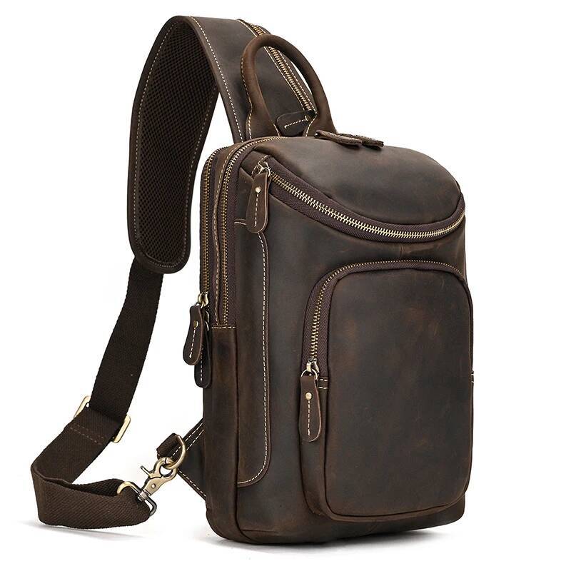 High Capacity For Men Crossbody Single Shoulder Bagpack Man Travel Chest Bag Pack Genuine Leather